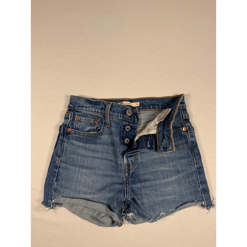 Levis Premium Wedgie Straight Shorts Womens 23 Blue Cutoff Button Fly Frayed